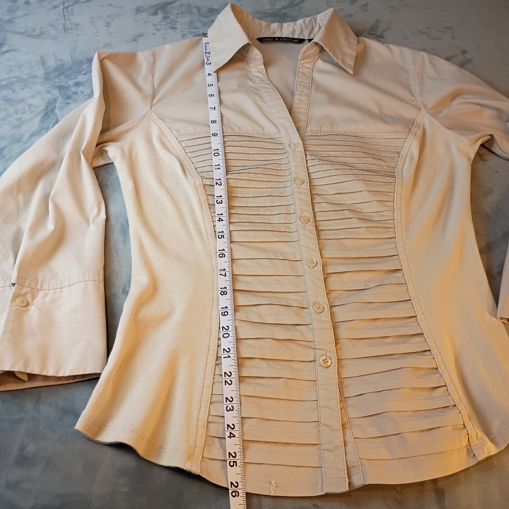 Zac & Rachel Womens Beige Pleated Front 3/4 Sleeve Button Down Shirt Large - Picture 6 of 8